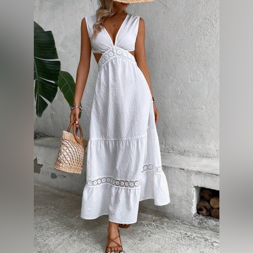 SHEIN VCAY Guipure Lace Insert Cut Out Waist Ruffle maxi dress